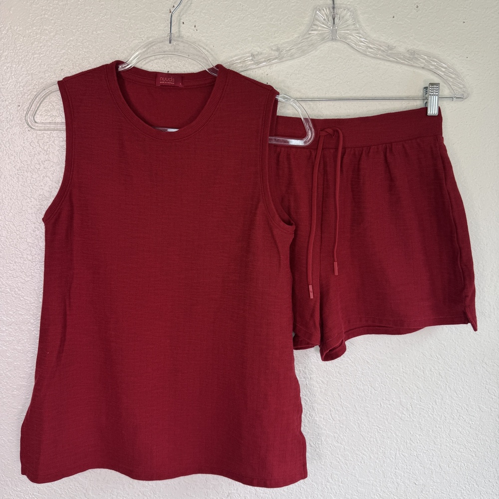 Nuuds Set Womens Small Tank Shorts Knit Lounge 2 Piece Outfit Red Casual Comfort
